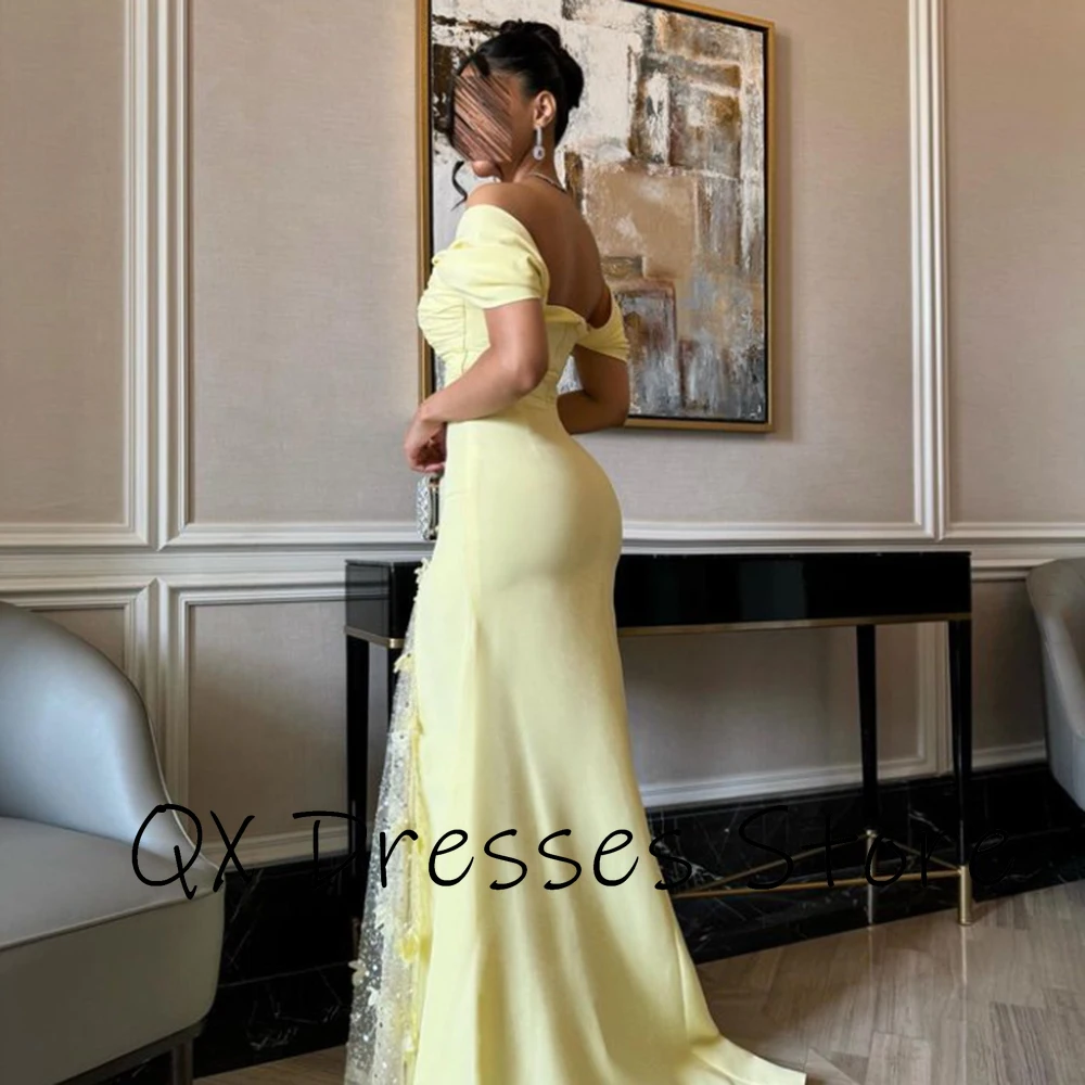 CustomizedCustomized Simple Yello Jersey Evening Prom Gown Off the Shoulder Flower Appliques Mermaid Pleat Backless Luxury Party