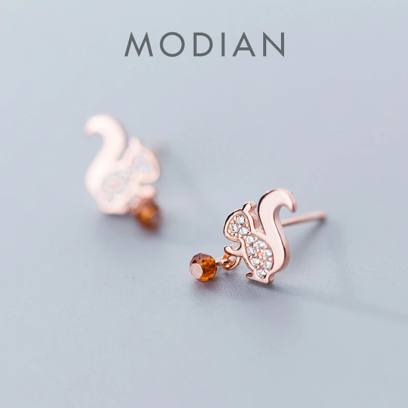 Modian 100% 925 srebro oryginalny Design różowe złoto kolor śliczne wiewiórka stadniny kolczyki dla kobiet moda Bijoux Brincos