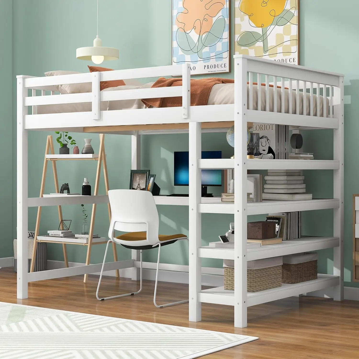 

Merax Full Loft Bed, Rubber Wooden Loft Bed with 4 Storage Shelves/Under-Bed Desk/Guardrails for Teens Adult, No Box