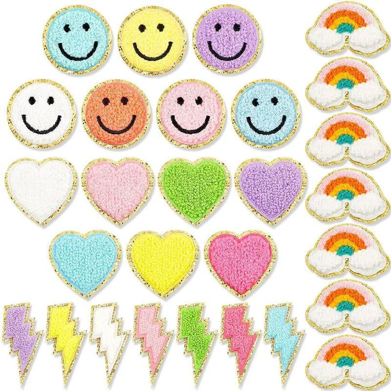 28pcs Chenille Patches Sew Iron on Colorful Smile Face Heart Embroidered Applique for Jacket Jean Hat Bag Clothes Repair Decor