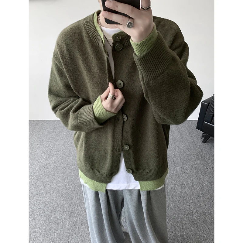 

Мужской повседневный кардиган контрастного цвета, свитер, свободное вязаное пальто на пуговицах спереди для повседневного ношения