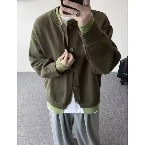 Men's Casual Contrast Color Cardigan Sweater Loose Button Front Knitted Coat for Daily Wear