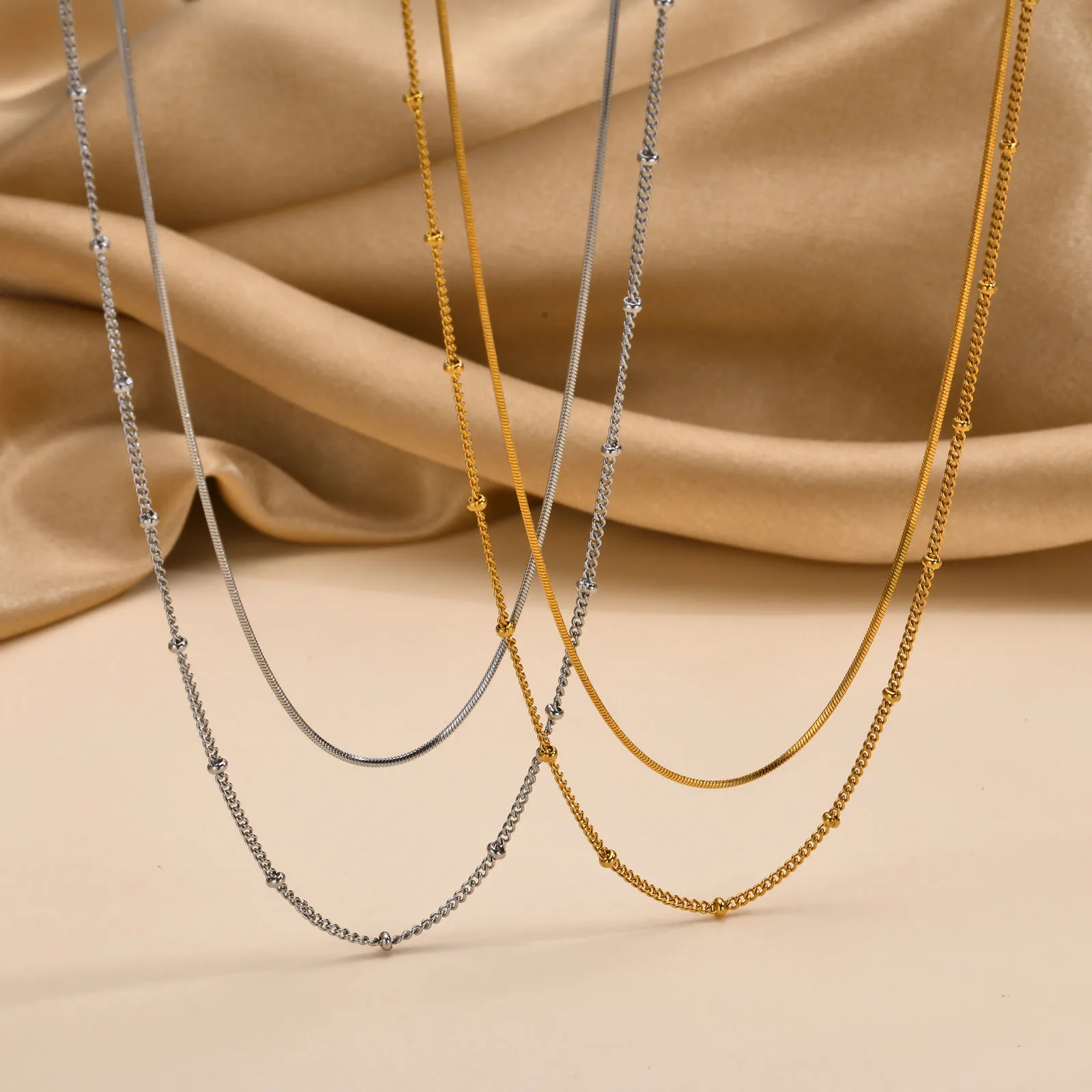 

Trendy Double Satellite Chain Necklaces for Women Girls,Gold Color Stainless Steel Link Choker Collar Charm Necklace Party Gifts