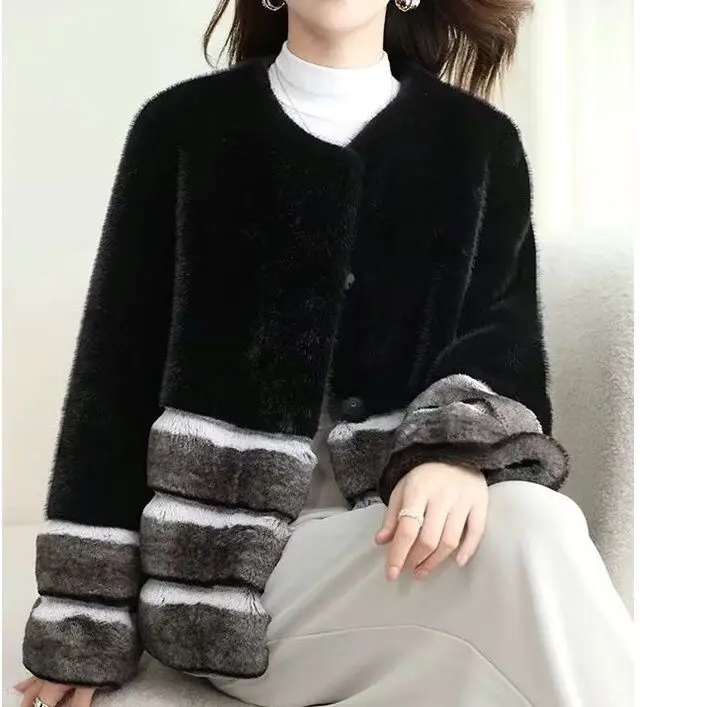 Inverno feminino falso pele de vison contraste cor listrado casaco eco-friendly imitação de pele de raposa jaqueta bomber reunindo parka cardigan topos