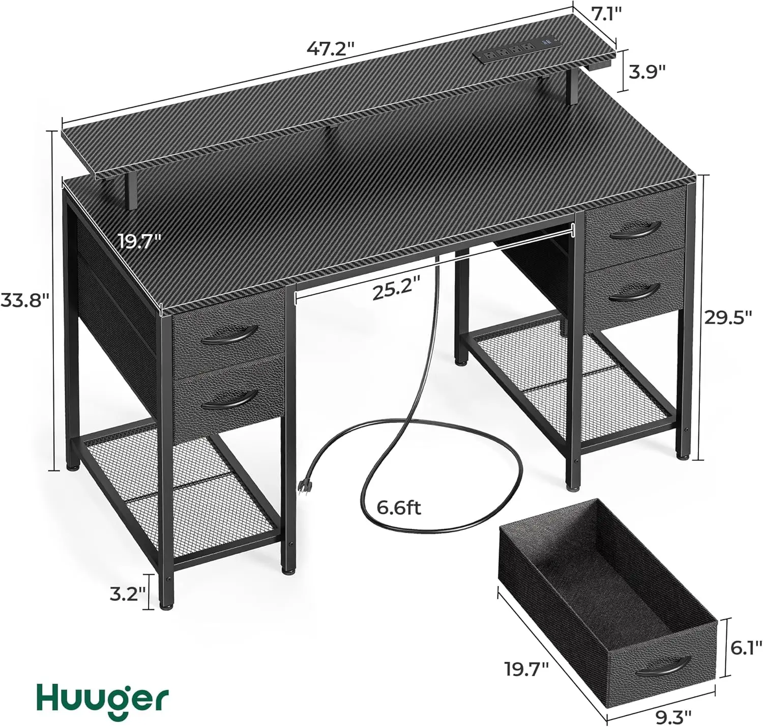 Huuger 47 inch Computer Desk with 4 Drawers, Gaming Desk with LED Lights & Power Outlets, Home Office Desk with Large Storage Sp