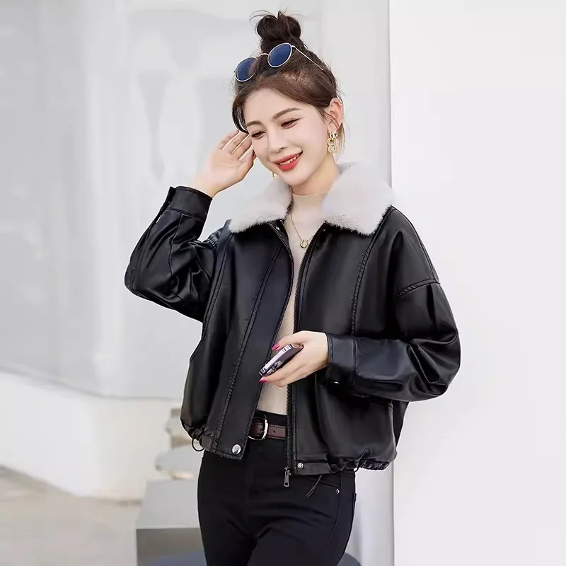 

Popular Fur Collar and Plush Leather Jacket for Women Winter Loose Small Stature Short Loose PU Motorcycle Jacket JJ1060