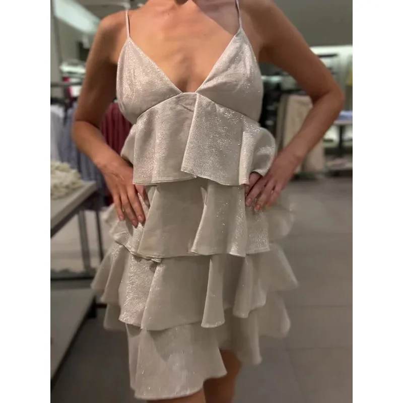 Feminino sexy chique sem mangas halter mini vestido sem costas verão moda praia férias romântico em camadas 2025