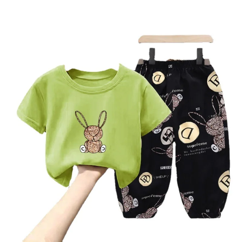 Children Rabbit Clothing for Girls Summer Mother Kids Sets Cute Boys Clothes Cotton T-shirt Top Pants 2pcs Children\'s Sets 2-10y