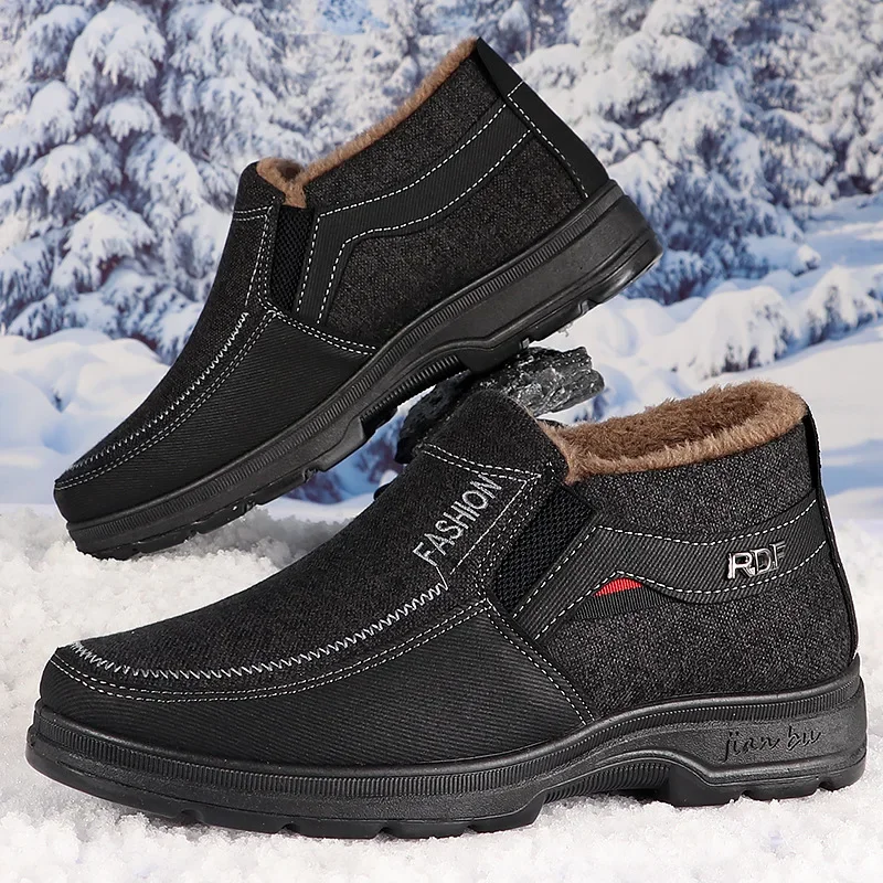 Men Winter Fleece Lined Ankle Boots Non Slip Sole Round Toe Elderly Dad Outdoor Warm Cotton Shoes