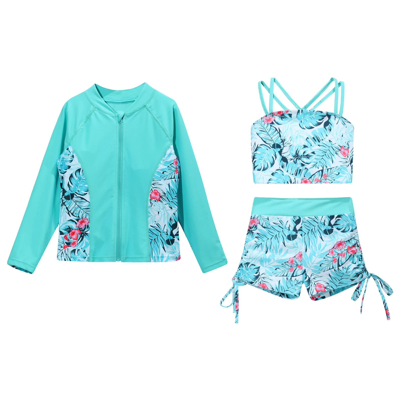 Kinder Mädchen 3 Stück Sonnenschutz Badeanzug Set Langarm Front Reiß verschluss Mantel mit tropischen Druck Tanktops Shorts Tankini Outfit