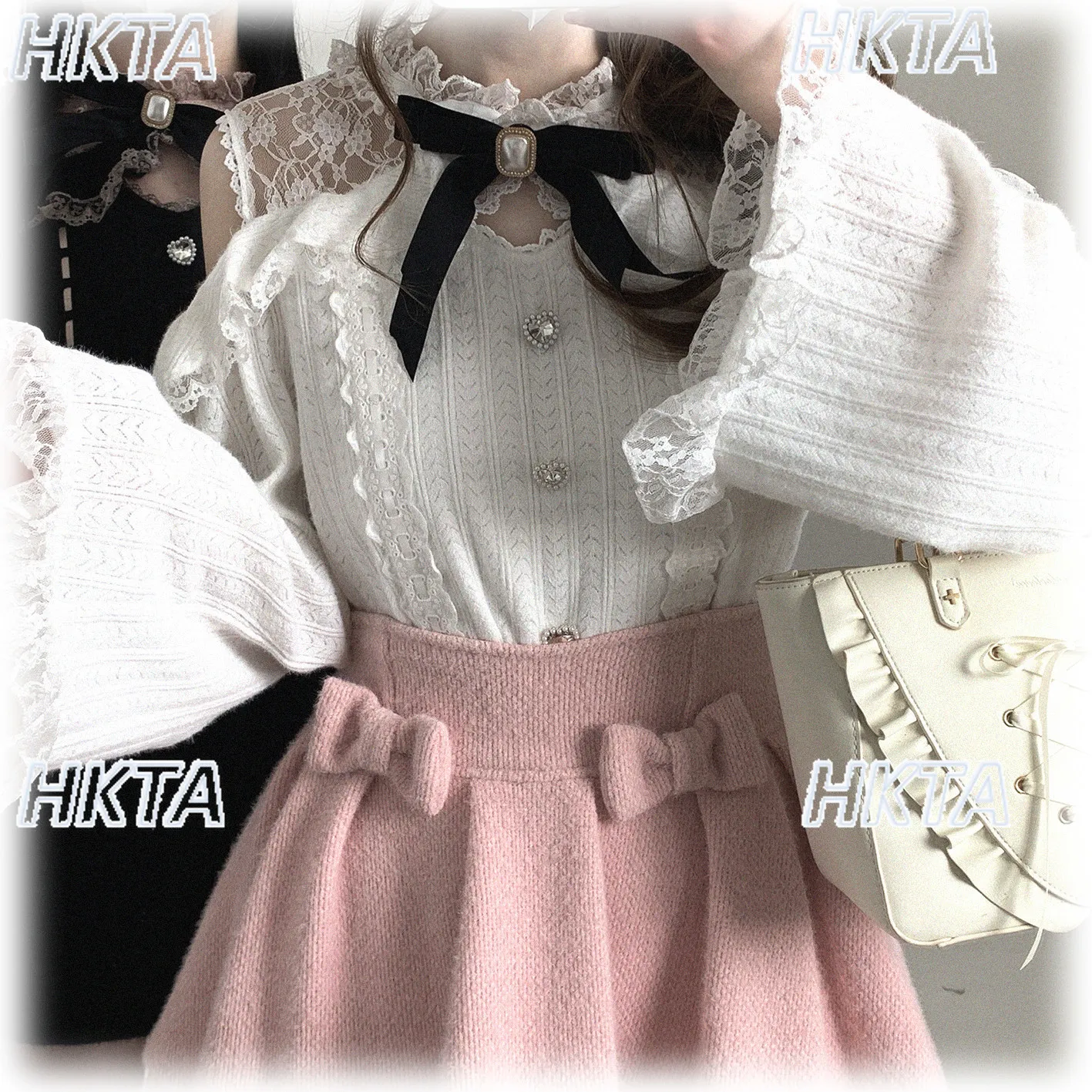 

Japanese Lace Love Button Crew Neck Horn Long Sleeve Off The Shoulder Shirt Top Autumn Winter Sweet Commuter White Blusas Women