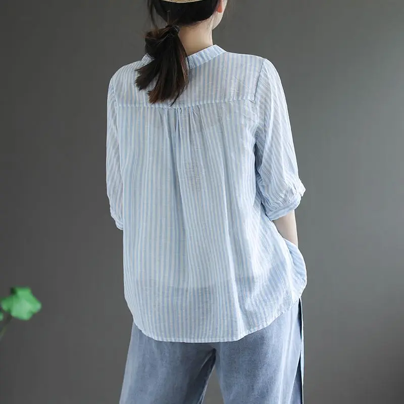 Fashion O-Neck Button Loose Folds Casual Striped Blouses Women\'s Clothing 2024 Summer New Oversized All-match Tops Korean Shirts