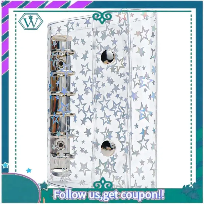 

A75Q-Budget Binder Cover Clear PVC Binder Glitter Star Refillable Notebook Shell Protector With 2 Snaps