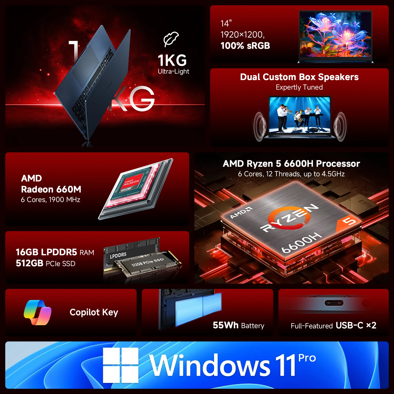 CHUWI CoreBook Air Plus 16'' / CoreBook Air 14'' Ultraleicht-Laptop AMD R5 6600H Prozessor 16GB RAM 512GB SSD Computer Windows 11 – Detail 17