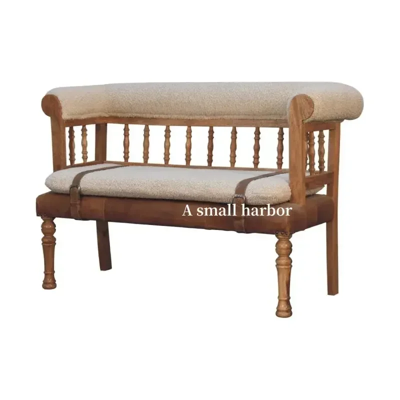 A Nordic solid wood double sofa B & B hotel bench stool retro wabi style casual straight row card seat