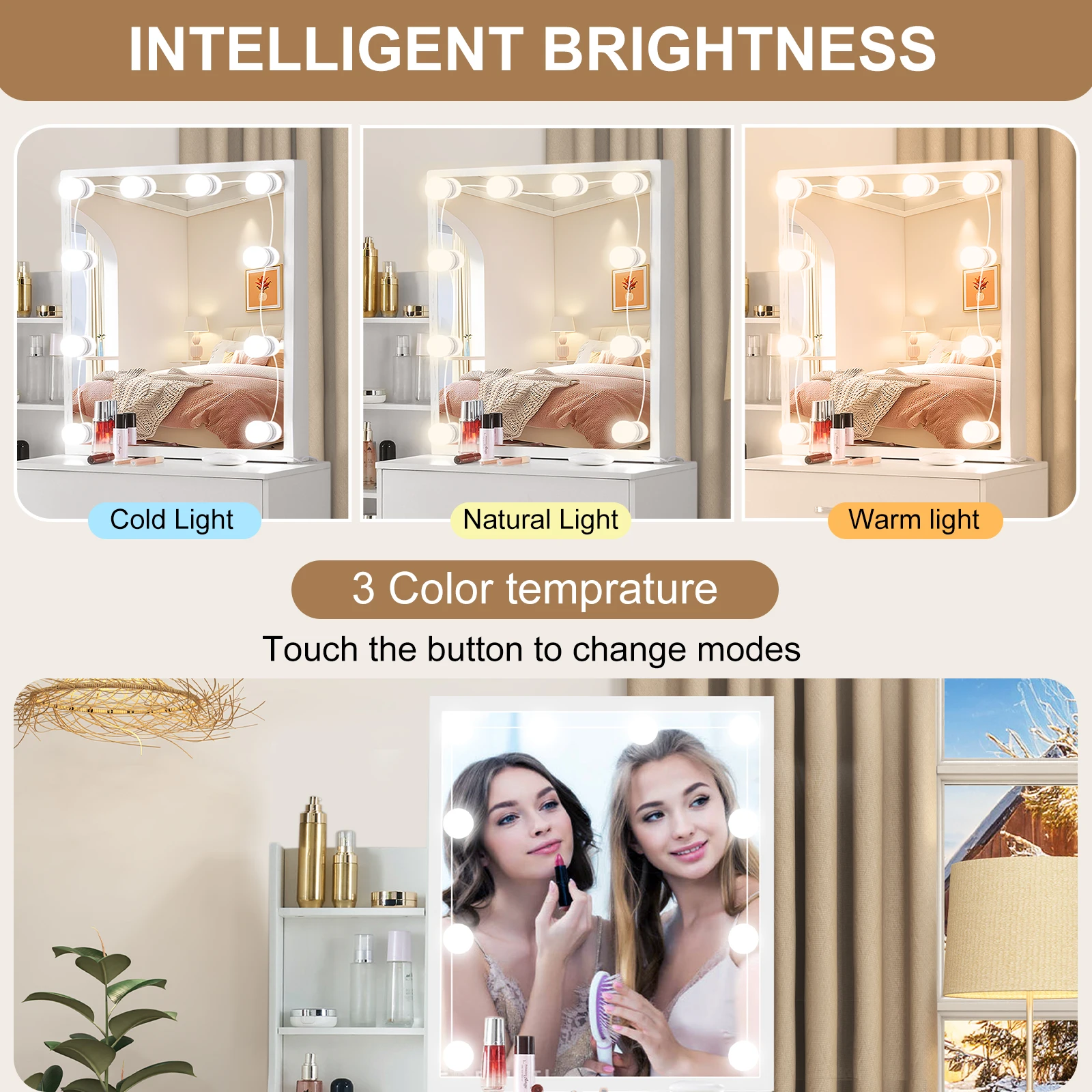 Small Vanity Desk with Mirror and Lights Wooden Makeup Vanity with Storage Drawers Women Bedroom Small Space