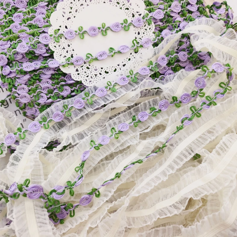 Beautiful Purple Embroidered Rose Lace Fabric, 3D Flowers Lace Ribbon, Dress Collar, Hats Headwear, Sewing Trimming Decor