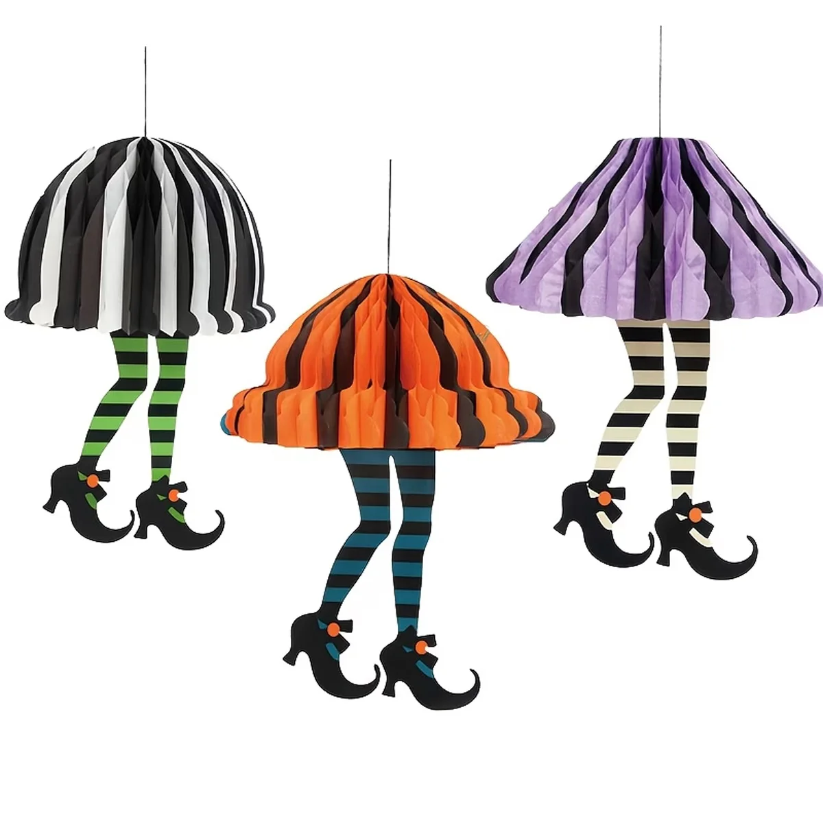 3 piezas de decoraciones de Halloween con forma de falda de panal de abeja de patas largas, adecuadas para decoraciones de fiestas de terror, decoraciones de casas embrujadas de Halloween, decoraciones de fiestas de juegos de terror en interiores, se pueden colgar en paredes como pasillos y escaleras interiores, son divertidos accesorios de decoración de Halloween.