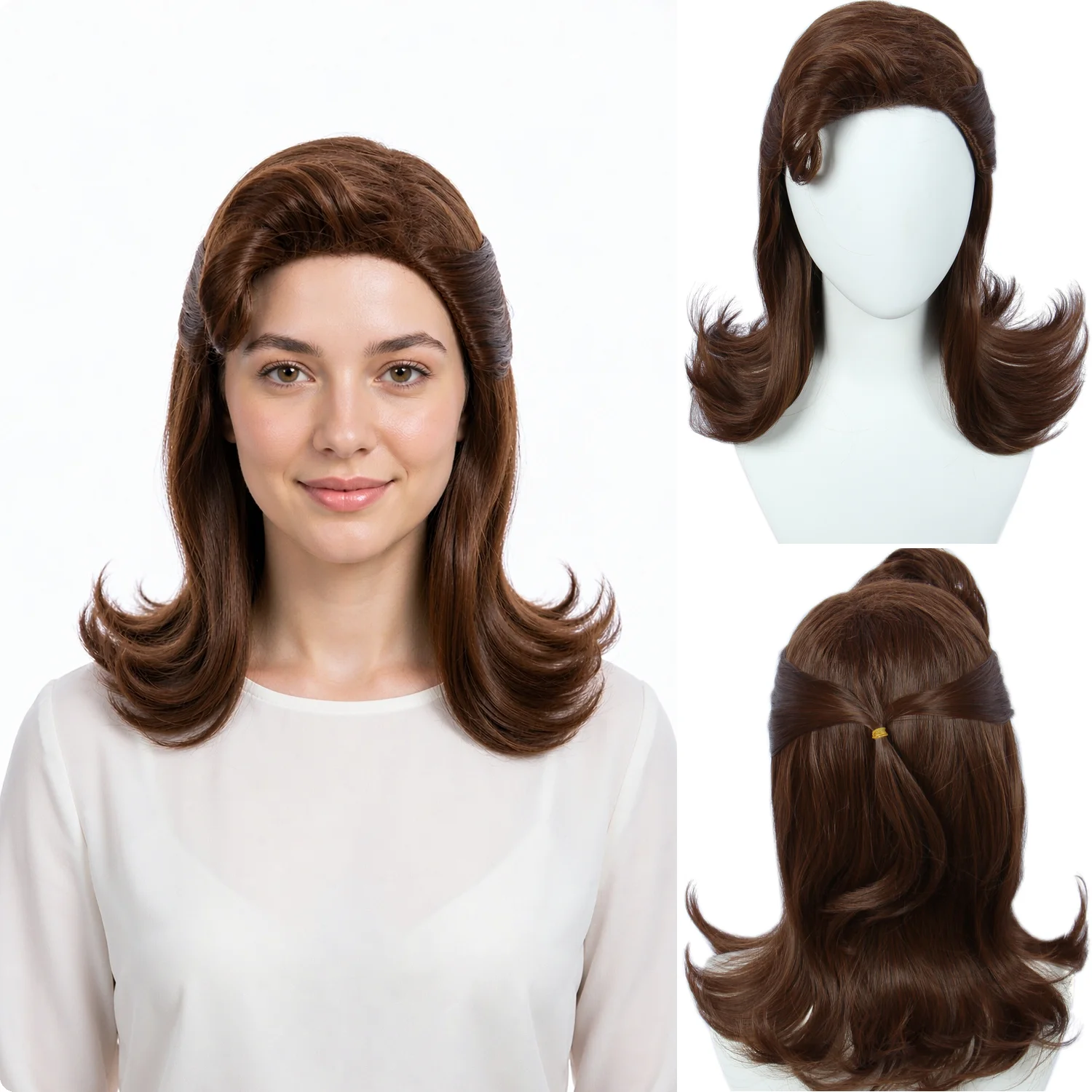 Dark Brown Wavy Wig with Curled Bangs Half Up Heat Resistant Synthetic Hair