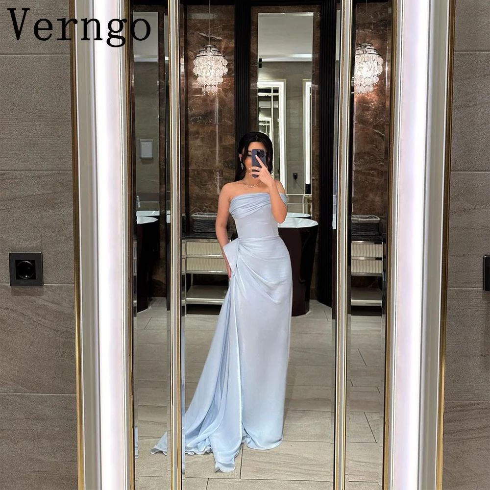 

Verngo Blue Chiffon Prom Gown Strapless Mermaid Party Dress Simple Draped Train Evening Dress For Women Floor Length Prom Dress