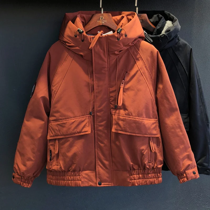 

Winter New Men's Plush Thick Down Coat Versatile Fashion Simple and Casual Solid Color Hooded Pocket Coat