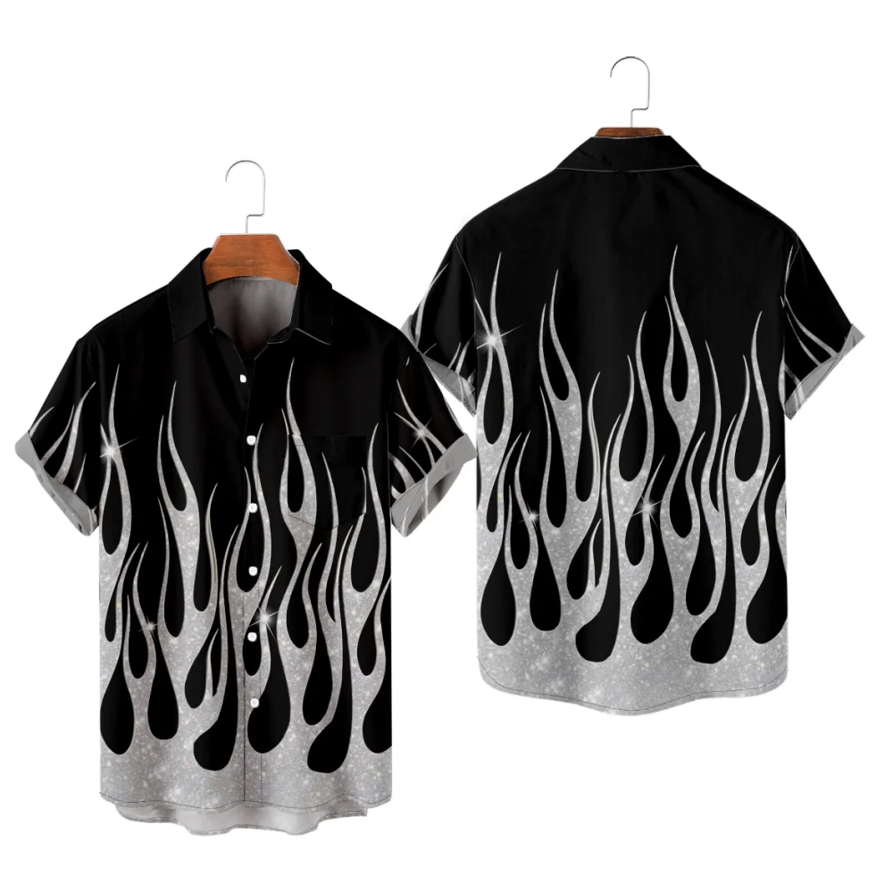 

Men's Casual Shirt Fire Pattern Streetwear Black Patchwork 3D Print Y2K Hombre Fashion Summer Shirt