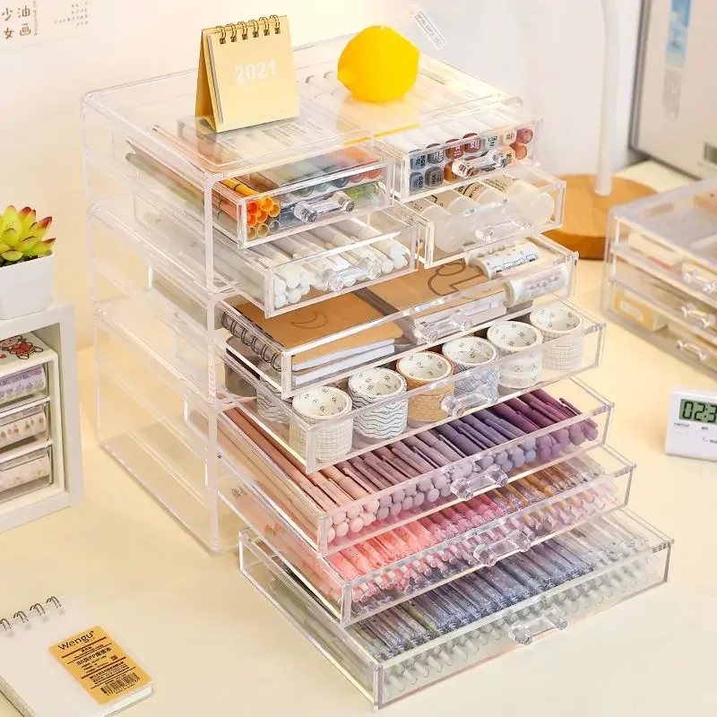 

Acrylic transparent drawer Multi functional 3-layer pen holder large desk organizer Tape notebook storage office supplies