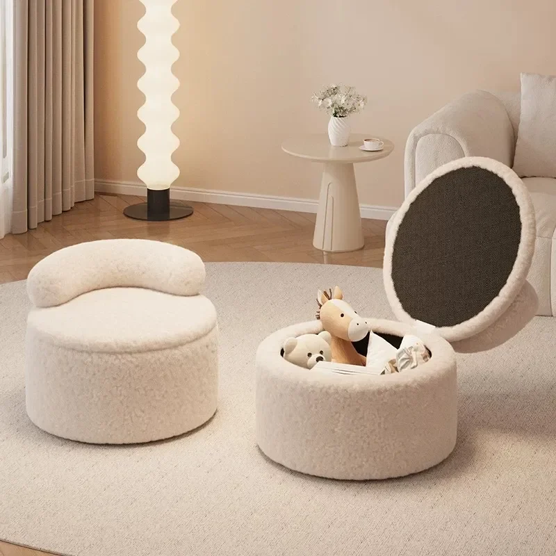 Small Household Stool with Backrest for Children Storage Ottoman Low Coffee Table Seat Sofa Bench Lamb Wool Footrest Pier