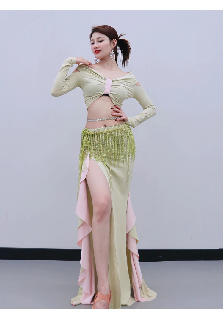 Belly dance practice suit sexy off the shoulder long sleeved ruffled skirt for women\'s Eastern dance performance suit