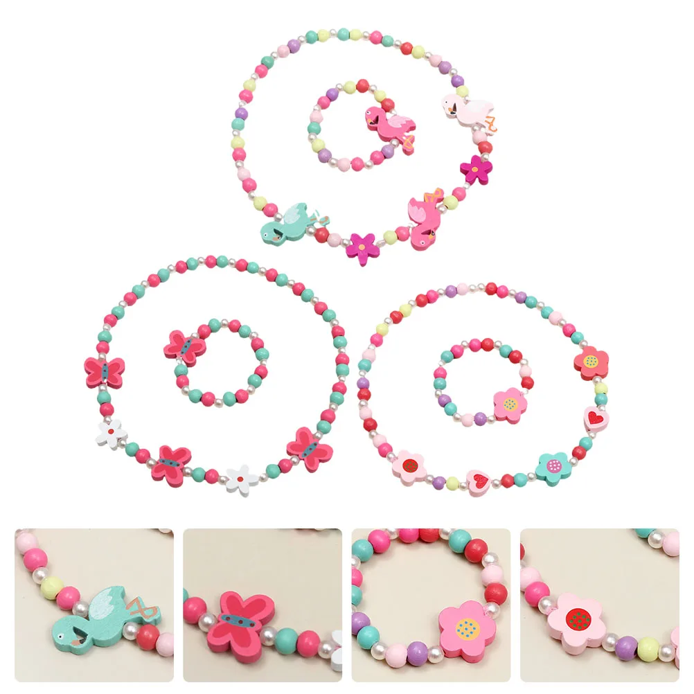 

Wooden Chunky Bead Necklace Bracelet Set 3 Sets Fashion Jewelry Girls Kids Plastic Toddler DIY Gift Beaded Accessories Birthday