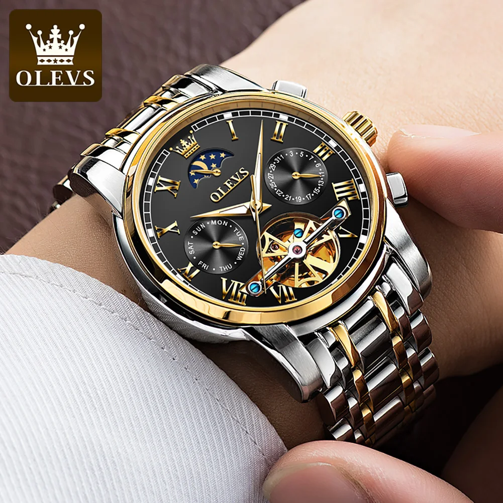 OLEVS Original Automatic Mechanical Watch for Men Brand Luxury Moon Phase Tourbillon Wristwatch Waterproof Luminous Moonswatch