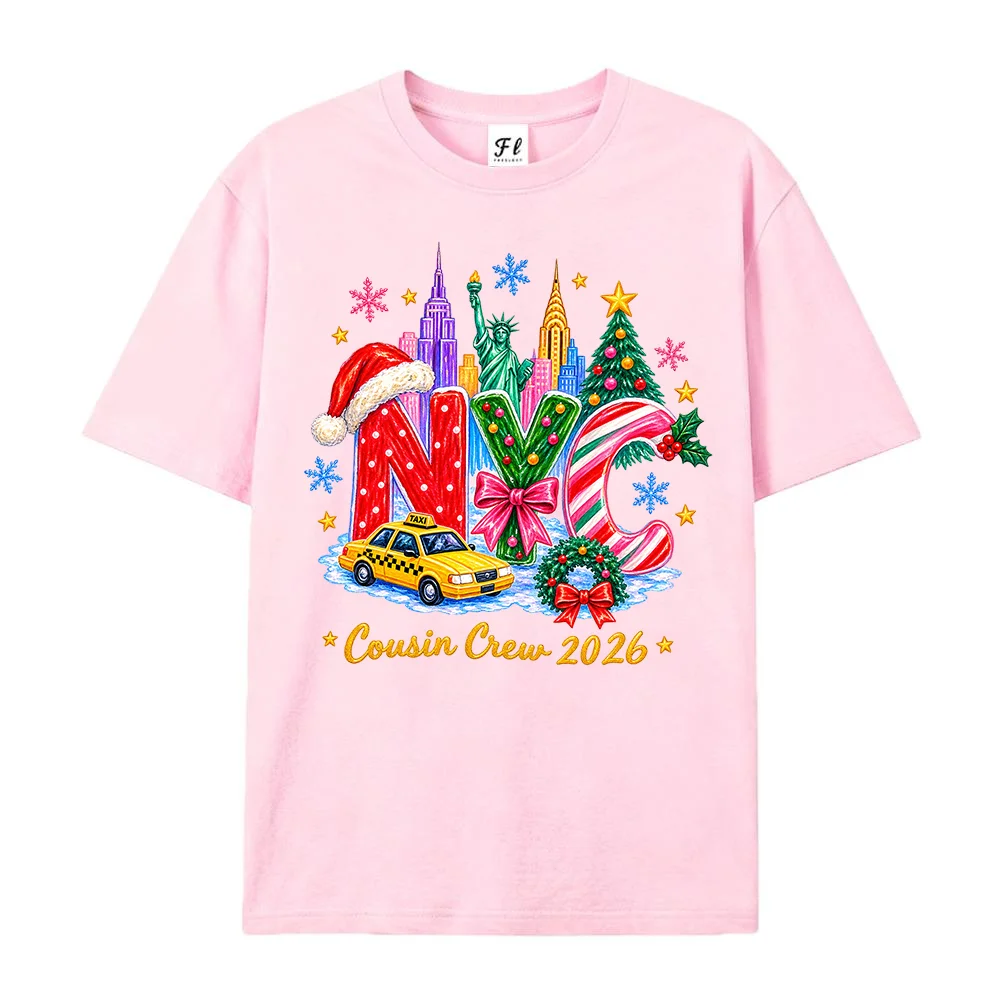 Women NYC Cousin Crew 2026 Christmas T Shirt New York Xmas Graphic Tee Short Sleeve Casual  Loose Cotton Tops