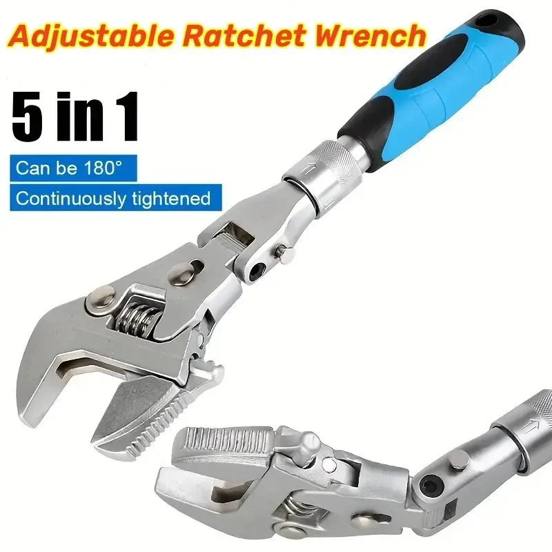 Ratcheting Wrench Universal Maintenance 180 Degree Folding 10-Inch Pulley 5 In 1 Adjustable Torque With Rotating Head Hand Tools