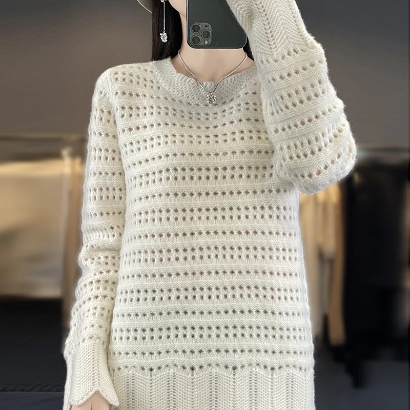 Women's spring and autumn pullover sweater hollowed out 100% merino wool solid color O-neck cashmere fashion sweater blouse