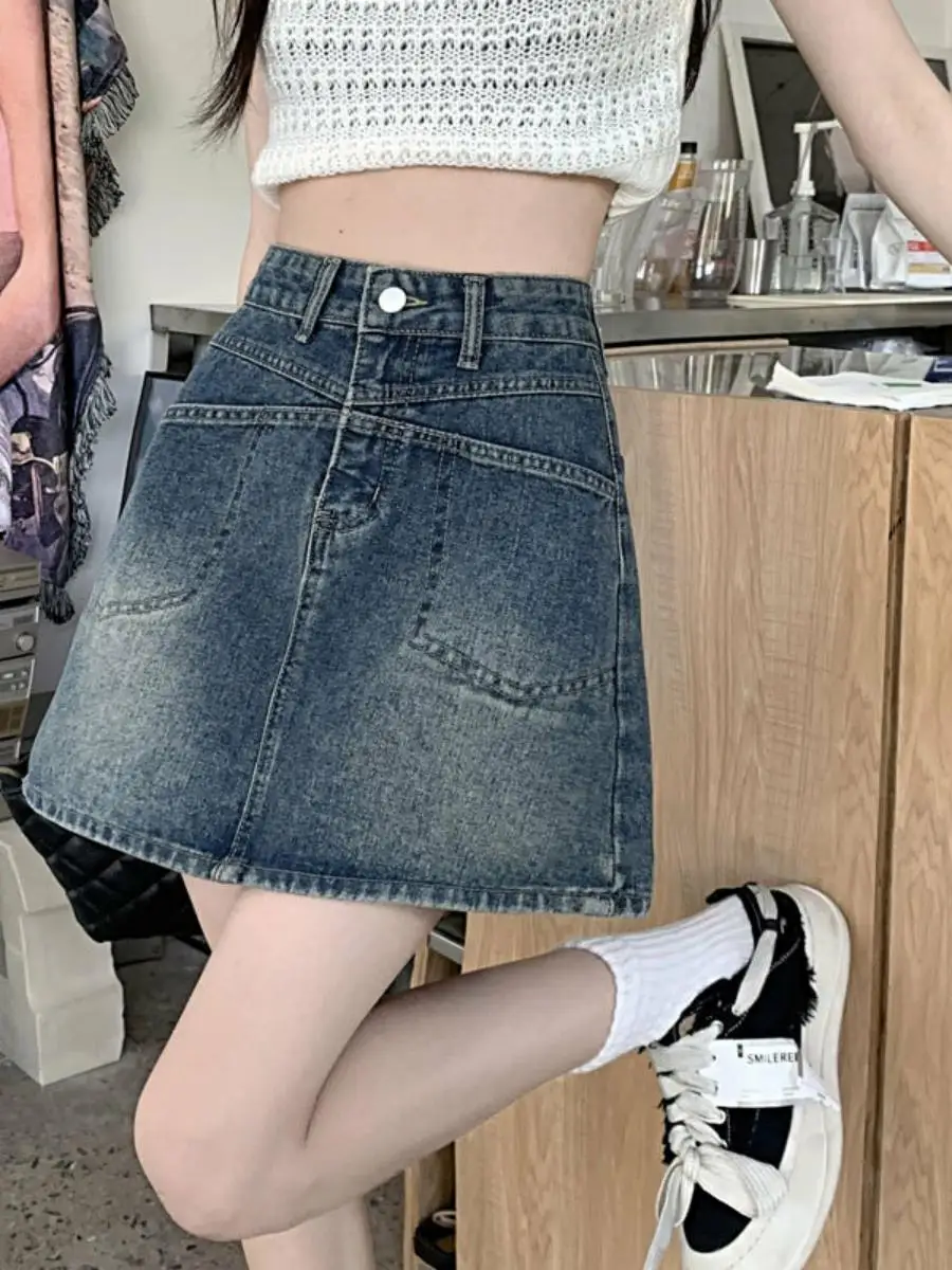 

Hot Girl High Waist A-Line Skirt with Split Pockets Summer INS Style Retro Women's Denim Skirt Half-Length Bodycon Skirt