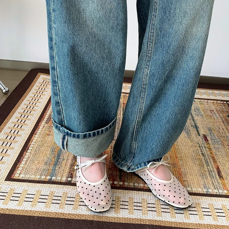 

2026 Spring Polka Dot Mesh Women Mary Jane Shoes Fashion Butterfly-knot Comfort Street Style Soft Sole Female Dress Flats Shoes