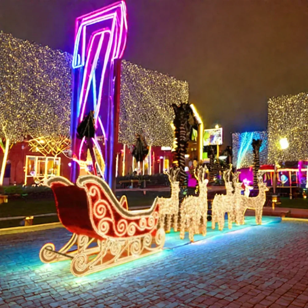 LED lighting lamp Christmas outdoor displays commercial light up large 3d reindeer sled sleigh