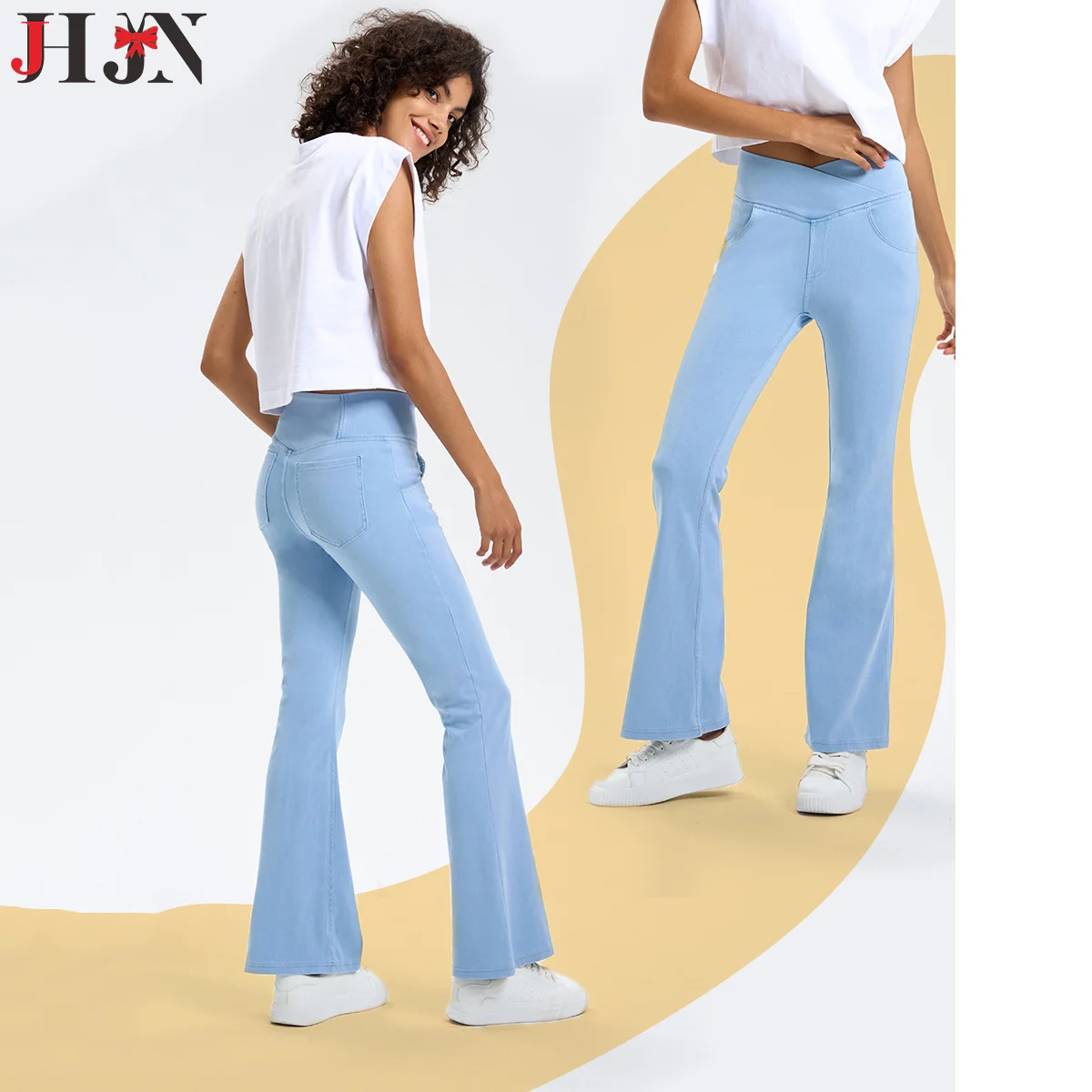 

Cross Waist Jeans For Women High Elasticity Hip Lifting Double Pocket Sports Outerwear Yoga Fitness Pants Bell-Bottoms Luxury