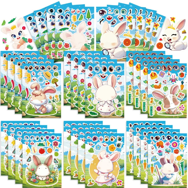 DIY Make A Bunny Face Stickers Sheets Easter Basket Stuffers Party Favor Cute Cartoon Rabbits Puzzle Stickers Kids Toddlers Gift