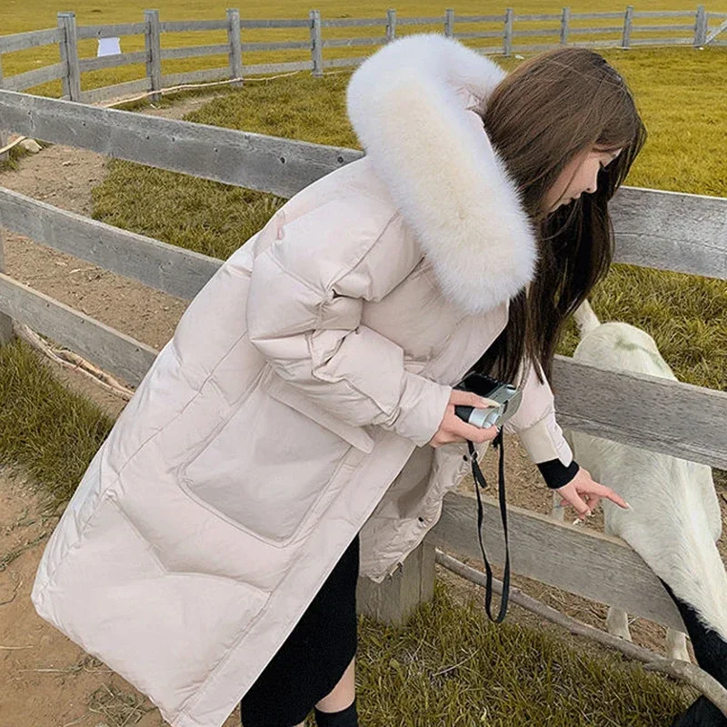 Faux Fur Collar Hood Winter Parkas Women 2022 Big Pockets Thicken Warm Long Coats Woman Zipper Down Cotton Padded Jackets
