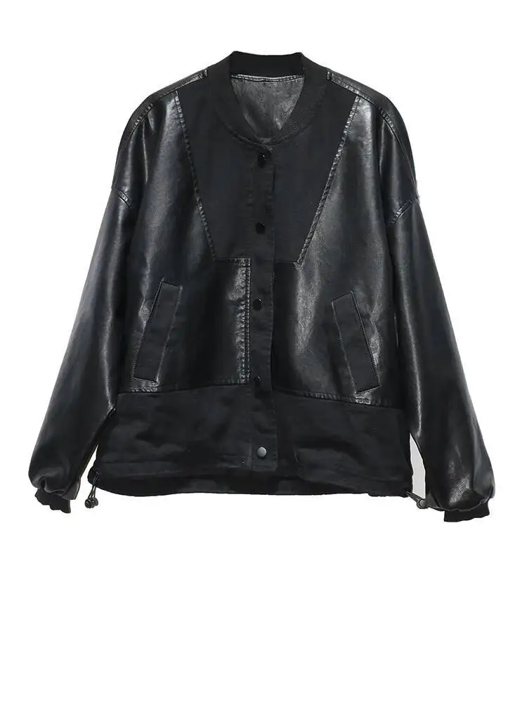 黒ポケットビッグサイズ PU レザージャケット新しいスタンドカラー長袖女性コートファッション潮春秋