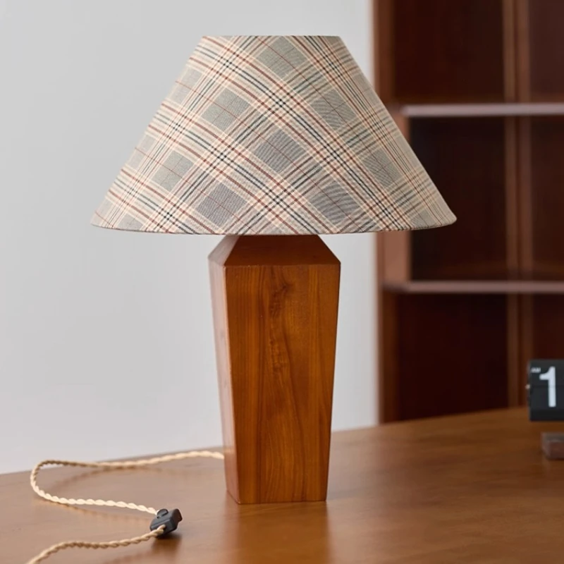 Italian Rectangle Wooden Base LED Table Lamp Grid Linen Fabric Lampshade Living Room Bedroom Restaurant Study Reading Desk Light