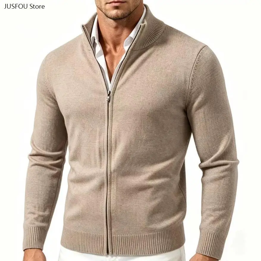 Solid Color Business Sweater Casual Warm Knit Undershirt for Male Daily Men European American Stand Collar Knit Cardigan