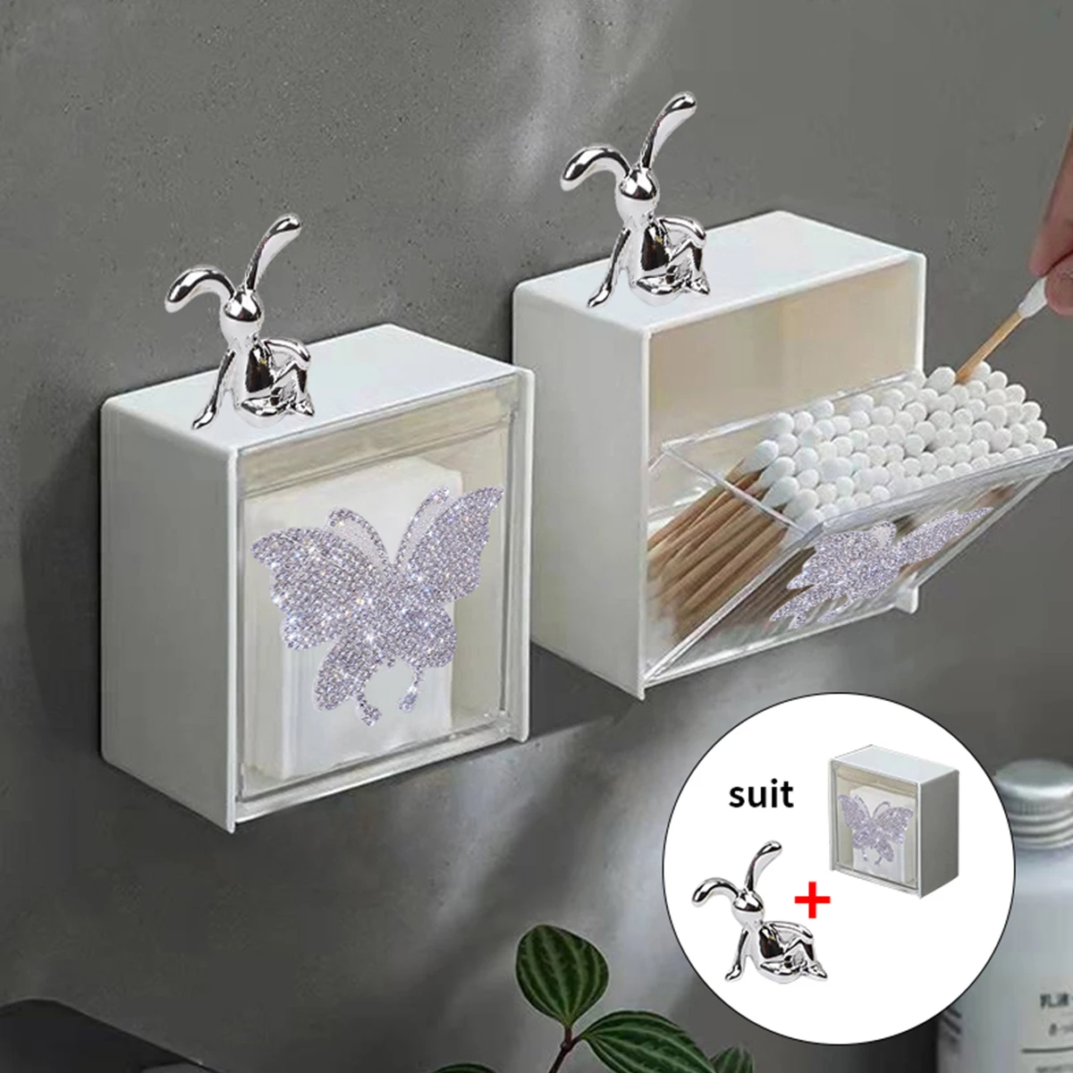 Sparkling Diamond Wall Mounted Storage Box Butterfly Cotton Swabs Jewelry Holder Box Bathroom Organizer Makeup Cotton Stand Box