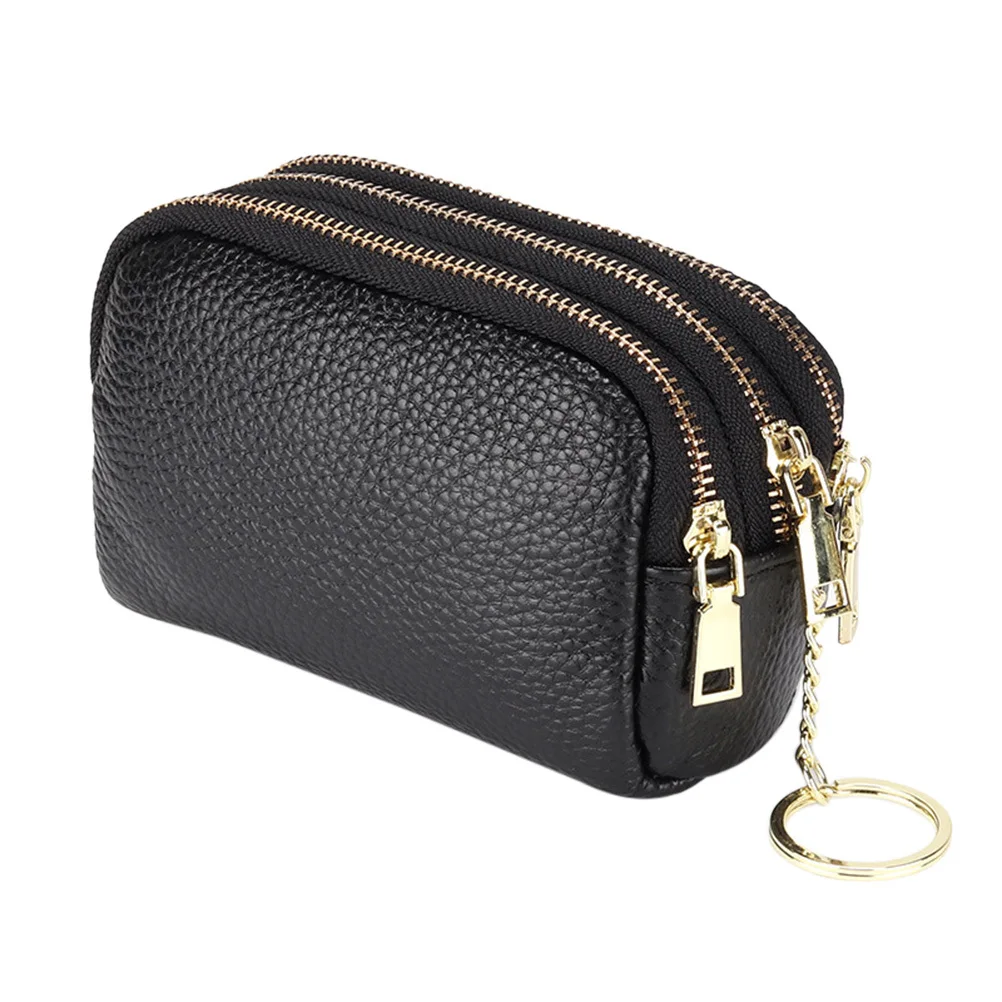

1Pcs Cowhide Coin Purse Zippered Change Pouch Large Capacity Layered Design Comfortable Hand Feel Keychain Ring