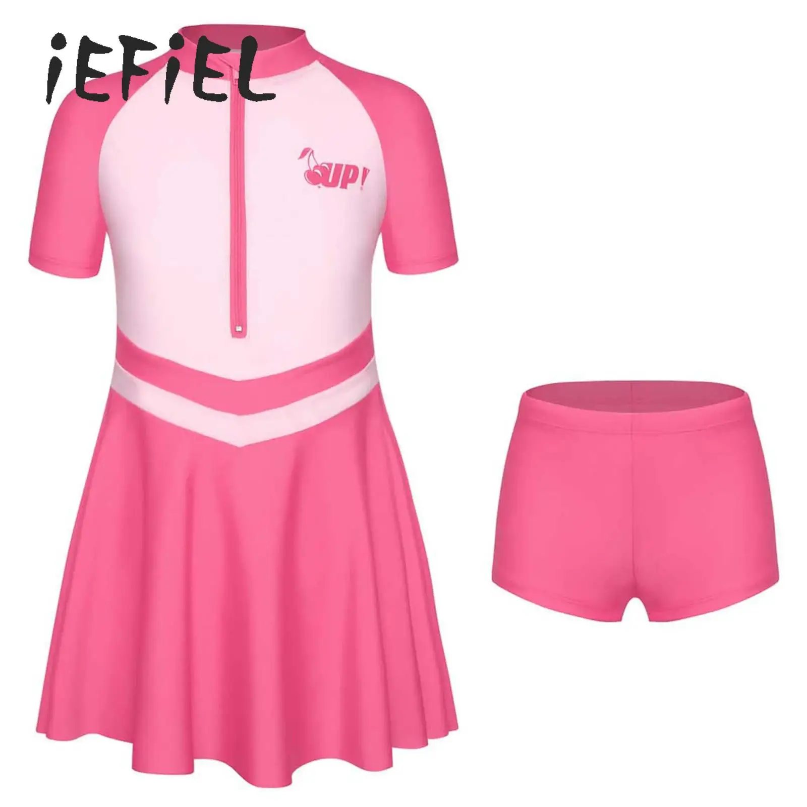 

Kids Girl Swimming Suit One Piece Beach Dress with Shorts Set Quick Dry Swimwear Teens Swimsuits UV Protection Bathing Surf Suit