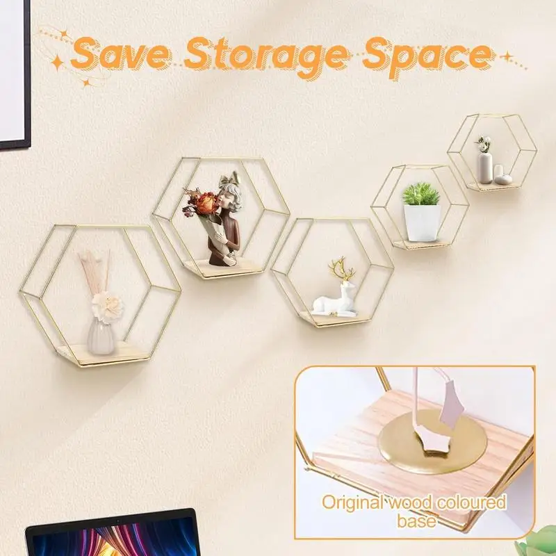 

Floating Shelf 5 Pieces Hexagonal Wall Storage Shelves Modern Different Sizes Storage Rack Decorative Space-Saving Home Decor