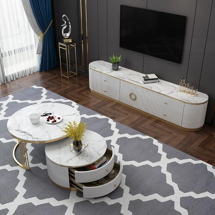 

//Top TV Stand And Coffee Table Luxury Living Room Furniture Set Corner Glass Wine Cabinet Glossy Gold Stainless Steel Marble