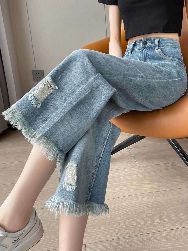 

Jeans Woman Ripped Jean Summer Clothes Baggy Capri Pants Wide Leg Denim High Waist Loose Korean Reviews Many Clothes Women