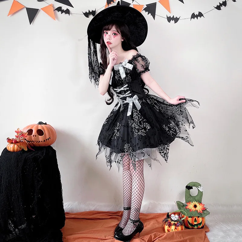 ชุดฮาโลวีน นักมายากล แสดงโชว์ ผีดำ แม่มด ผ้าคลุมตาข่าย กระโปรงฟูฟ่อง สาวเซ็กซี่และเผ็ดร้อน ชุดกระชับสัดส่วน
